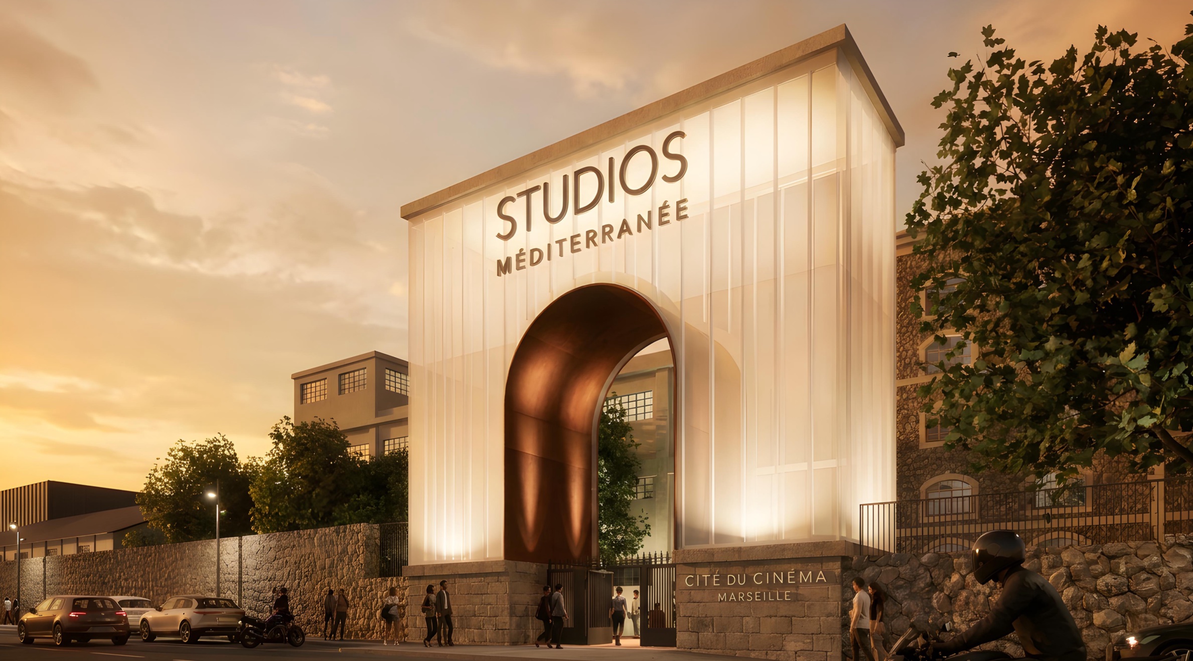 Perspective du futur accès aux Studios de la Méditerranée à Marseille au coucher du soleil